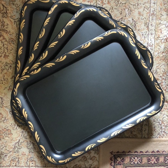 Vintage NASHCO PRODUCTS New York Metal Trays Set-of-4 Black & Gold 17.5”L x 13”W - Picture 1 of 17
